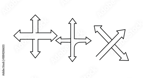 Three distinct arrow configurations showing various directional movements and intersections in simple line art.