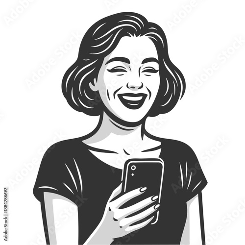 smiling woman holding a smartphone, laughing at something on the screen, symbolizing joy or digital interaction sketch engraving generative ai vector illustration. Scratch board. Black and white image