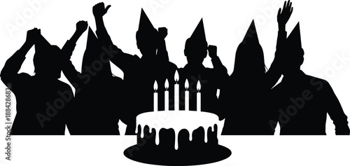 Black silhouette of happy friends celebrating birthday with cake and candles, party group wearing hats cheering, isolated on white background.