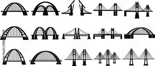 Black silhouette collection of various bridge types, suspension arch and cable stayed bridge icons, urban infrastructure engineering set, isolated on white.