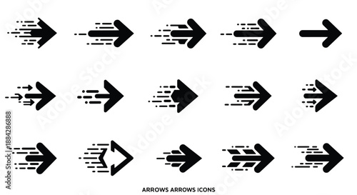 A collection of black vector arrow icons depicting speed, motion, and direction, suitable for graphic design elements and user interfaces.