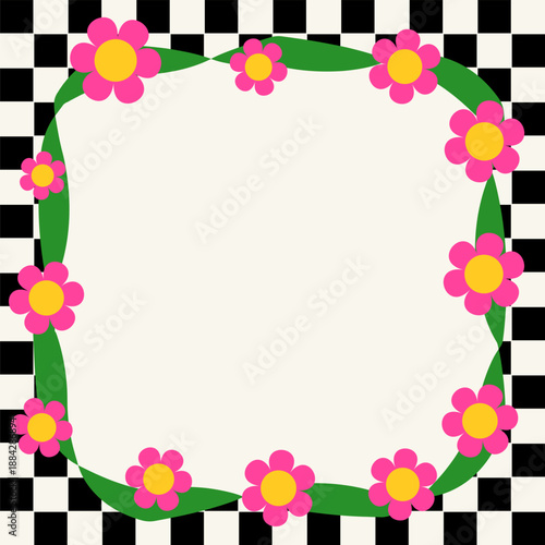 黒×白ブロック　レトロポップフラワー