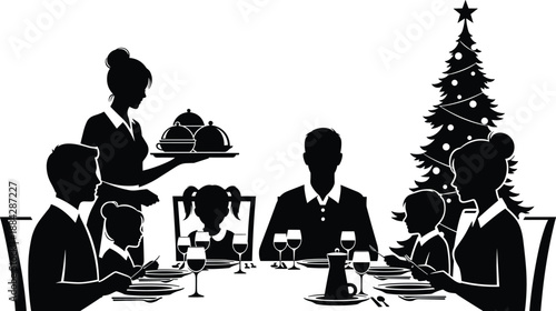 Christmas dinner, family gathering, festive meal, holiday celebration, silhouette illustration, black and white, tree, children, adults, tray, wine, joy, togetherness, festive table,