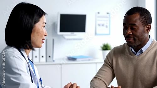 Diverse doctor and patient discussing health in modern clinic office with white background
