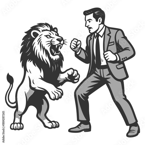 suited man squaring up to a roaring lion, symbolizing courage, challenge, or confrontation sketch engraving generative ai fictional character vector illustration. Scratch board. Black and white image.