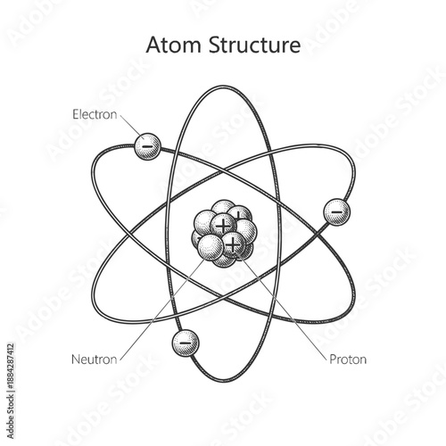 atom showing protons, neutrons, and electrons in orbit, ideal for educational or scientific reference sketch engraving generative ai vector illustration. Scratch board imitation. Black and white image