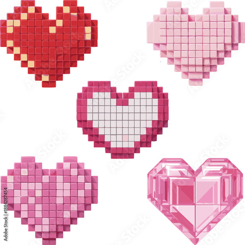 Create a kinds of deferent realistic Love and Valentine Day concept. 3d pixel art heart - 3d render vector art with white background..