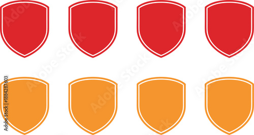 Set of red and orange shield icons with white borders for protection security safety and defense concept designs.