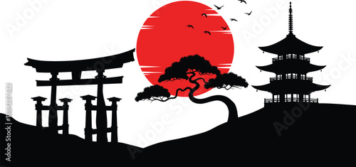Japanese landscape silhouette with Torii gate, traditional pagoda, bonsai tree, red rising sun, and flying birds, isolated on white background.