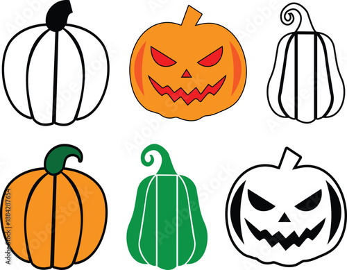 Halloween Pumpkin Icon Set. Scary Jack O Lantern Squash Vector.