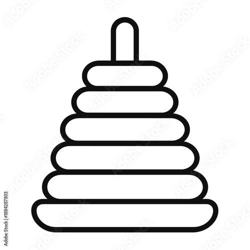 Abstract dark grey line art icon depicting a classic baby stacking pyramid toy with multiple concentric rings of decreasing size and a prominent top handle, ideal for developmental play
