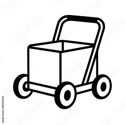 Minimalist black outline shopping cart icon with white wheels and a square basket, perfect for e-commerce websites, retail applications, logistic diagrams, grocery delivery services