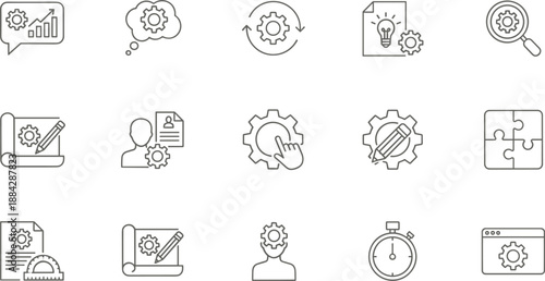 Set of thin line gear icons representing technical process, industrial management, mechanical settings and strategic business development concepts.