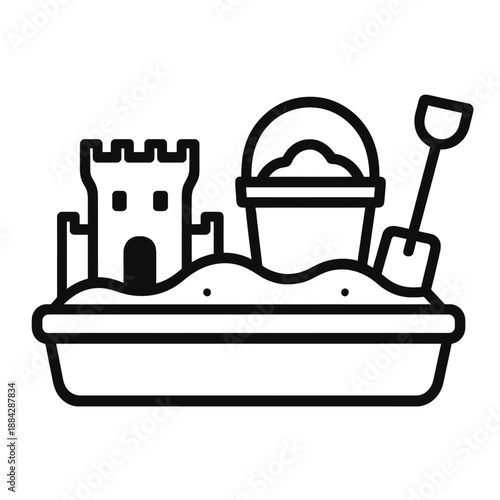 Vector outline of classic sandbox: majestic sandcastle, sand bucket, shovel in sandpit. Embodies joyful childhood play, summer fun, beach activities, outdoor recreation, creative construction for kids