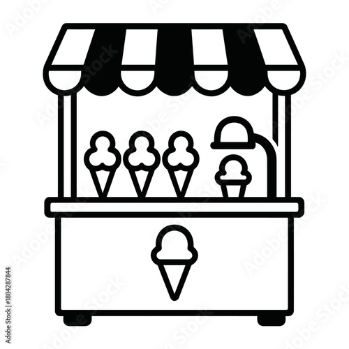 Detailed vector illustration of a charming ice cream stand with multiple delicious cones displayed, featuring a classic striped awning and a delightful frozen treat icon on the front