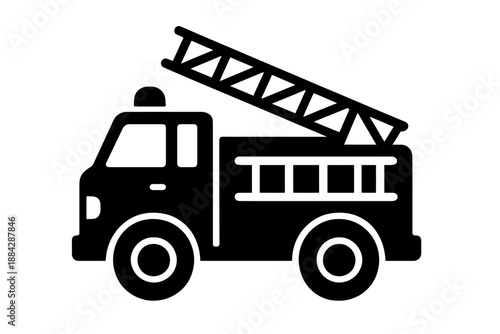 Minimalist black fire truck icon illustration with an extended ladder, symbolizing emergency services, firefighter bravery, urban safety, and rescue operations on a sleek dark background.