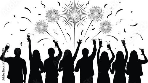 Silhouette party celebration with friends raising glasses, fireworks confetti festival night, new year event, crowd cheers, holiday celebration concept illustration
