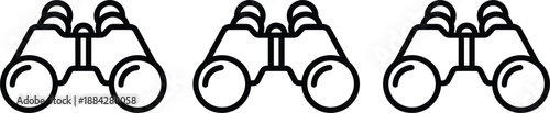 Set of three black minimalist binocular icons on a white background for travel navigation search and discovery concepts.