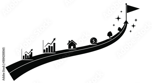Business growth success concept with road leading to financial goals and prosperity symbols in black silhouette
