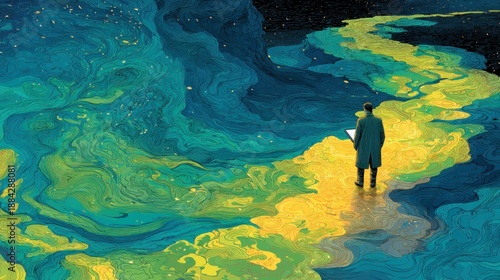 Wallpaper Mural Abstract artwork of a person walking on a vibrant, swirling path through a cosmic landscape Torontodigital.ca