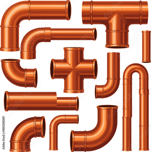 Create a kinds of deferent Industrial copper pipes - Industrial copper tubes vector art with white background..