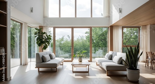 Modern minimalist living room interior design with large windows and natural light showcasing serene atmosphere and contemporary furniture