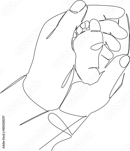 One continuous single drawing line art flat doodle children, foot, mother, hand, toe, newborn, finger, baby, leg. Isolated image hand draw contour on a white background, hand drawn, not AI