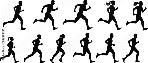 Running people silhouette set illustration showing male and female athletes jogging sprinting fitness activity vector isolated on white