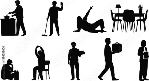 Silhouettes of people performing daily activities like cooking, reading, parenting, working, and traveling in vector illustration style
