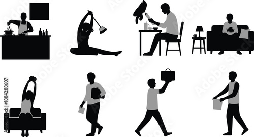 Silhouettes of people performing everyday activities like cooking, exercising, parenting, gaming, and walking in vector format