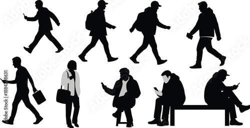 Silhouettes of people using mobile phones in various everyday poses representing modern lifestyle and digital interaction