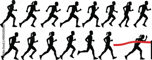 Silhouettes of runners in motion sequence showing athletic progression, sprinting energy, and race completion at finish line