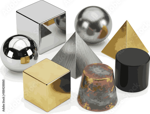 Create a kinds of deferent realistic 3d Metals Geometric Shapes Set Isolated On White. 3d rendering vector art with white background..