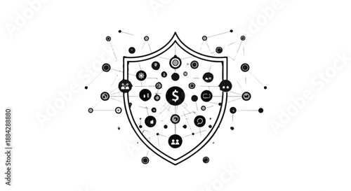 Cyber security shield with connected nodes and bitcoin symbols, protecting against online threats in a modern digital illustration