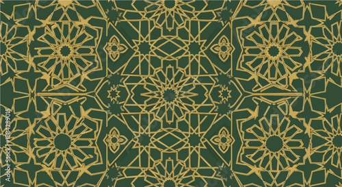 Intricate golden abstract lines on a dark green background, a seamless pattern