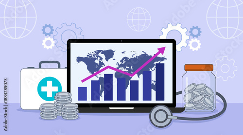 Financial health illustration showing growth chart on laptop, stacked coins, first aid box and stethoscope, concept for planning, medical funding and wealth management