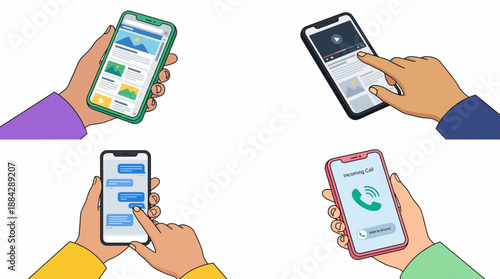 Illustrated hands holding smartphones displaying web, video, chat and call interfaces on white background, concept for digital marketing, social media campaigns and application development