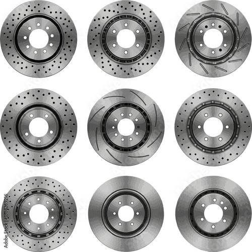 Create a kinds of deferent realistic Brake Auto part - Braking disk vector art with white background..
