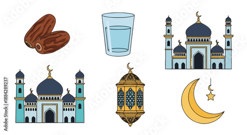 Ramadan Islamic symbols with mosque, dates, water, and lantern