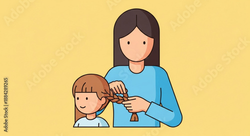 Woman braiding young girl's hair mother and daughter bonding hairstyle hair care family love tender moment illustration vector yellow background