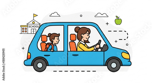 Woman driving child to school in blue car with orange seats and school building in background