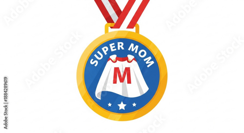 Golden super mom medal with red ribbon and white cape symbol on blue background