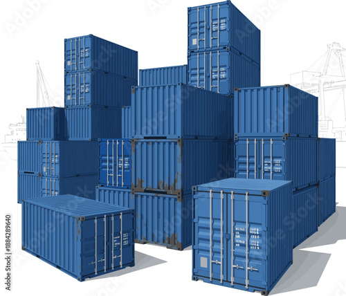 Create a kinds of deferent realistic Freight blue containers in a harbor - 3d rendering vector art with white background..