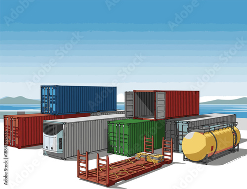 Create a kinds of deferent realistic Freight containers in a harbor - 3d rendering