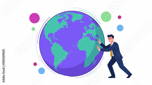 Male business executive strongly pushing a huge purple and teal earth globe on a white background, concept for global leadership, international commerce and geopolitical challenge