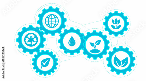 Blue vector graphic of interconnected cogs displaying eco icons: recycle, globe, water and plants, concept for sustainability planning, environmental protection and corporate responsibility reporting