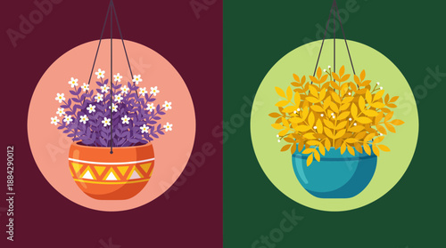 Detailed flat vector illustration of purple and yellow hanging plants in decorated pots, concept for garden shop websites, indoor decor and springtime promotion
