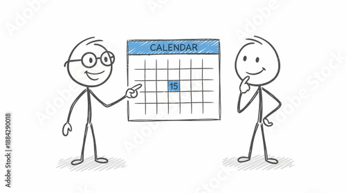 Stick figure manager points to the 15th on a blue sketched calendar as a colleague reviews the plan, concept for team scheduling, project deadlines and time organization