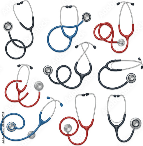 Create a kinds of deferent realistic Stethoscope 3d rendering vector art with white background..
