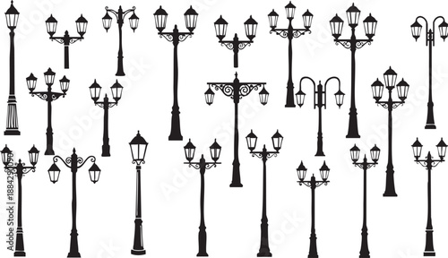 Vintage Streetlamp Grid Silhouette – Bold Vector of 10 Ornate Urban Lighting Designs for Editorial & Infrastructure Design